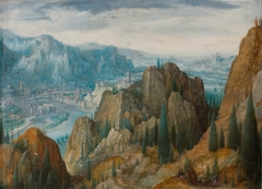 Mountainous landscape with the temptations of Christ