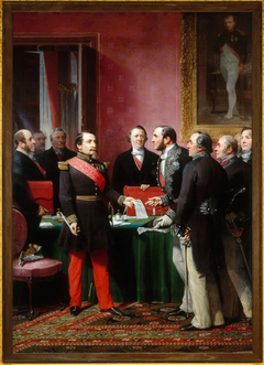 Napoléon III remettant au baron Haussmann le décret d'annexion des communes limitrophes by Adolphe Yvon