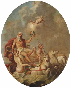 Neptune rising from the Sea in his Chariot, holding aloft the Royal Coat-of-arms, with Attendants holding Portraits of George III (1738-1820) and Queen Charlotte (1744-1818) by Anonymous
