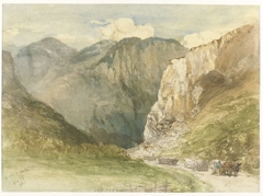Ossenkarren op een weg tussen de bergen in het kanton Sankt Gallen by Charles Rochussen