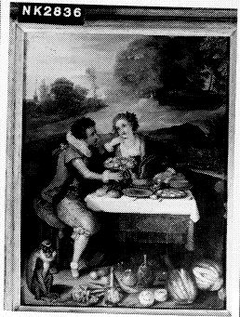 Paar aan tafel in landschap by Frans Francken the Younger