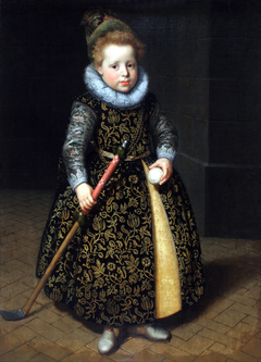 Portrait of a four-year old boy with a club and ball by Paulus Moreelse