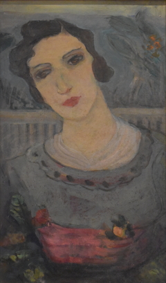 Portrait of woman with red belt by Marie Bermond