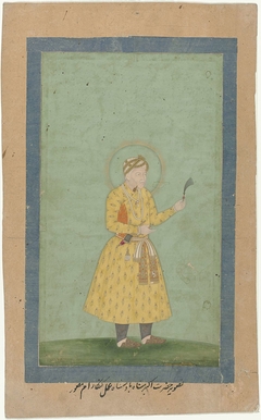 Portret van Akbar, staand, met verenpluim in de hand by Unknown Artist