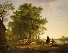 River landscape near Dordrecht, with a horseman and cattle by Jacob van Strij