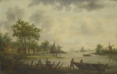 River Landscape with Fishermen beside a Boat by Cornelis Symonsz van der Schalcke