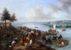 River Landscape with Horsemen and Carts on a Road