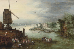 River landscape with windmills and ships by Jan Brueghel the Elder