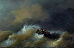 Rowing boat in stormy weather by François Musin