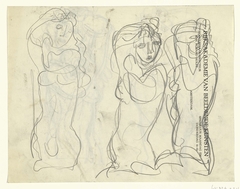 Schetsblad met drie naaktstudies op briefpapier van Roland Holst(als hoogleraar-directeur van de Rijksacademie van Beeldende Kunsten) by Leo Gestel