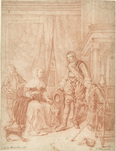 Staande jongeman, zittende vrouw en een dienstbode by Jan de Barnsteen