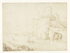 Stad met hoge rotsen gelegen aan een rivier by Pieter Brueghel I