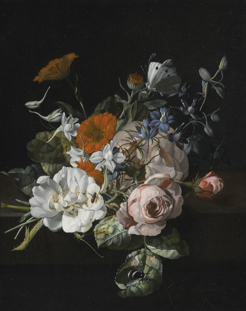 Still life of flowers with a nosegay of roses, marigolds, larkspur, a bumblebee and other insects