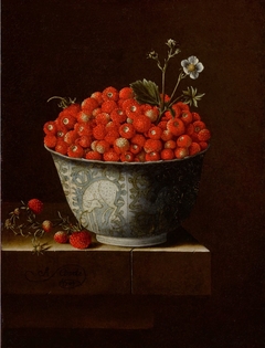 Still life of fraises-de-bois in a Wan-Li bowl upon a stone ledge by Adriaen Coorte
