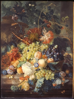 Still life of fruit heaped in a basket, next to an urn