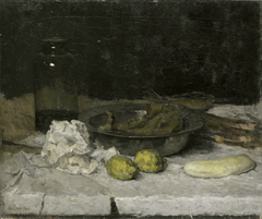 Still life with a a bottle and tin plate