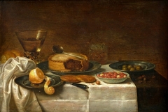 Still life with pie on a laid table by Floris van Schooten