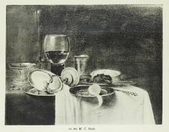 Still life with roemer, fallen nautilus cup, tazza, silver beaker and pie