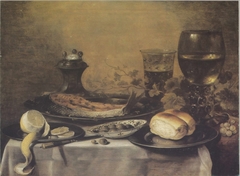 Still life with roemer, fish and salt cellar