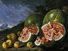 Still Life with Watermelons and Apples in a Landscape by Luis Egidio Meléndez