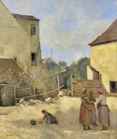 Three peasant girls chatting in a rustic courtyard