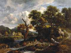 Travellers and shepherds at a crossroads near a dead tree by Jacob van Ruisdael