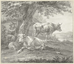 Twee koeien en twee schapen onder een boom bij een schuur by Hendrik Stokvisch