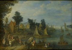 Village on the Bank of a River by Joseph van Bredael