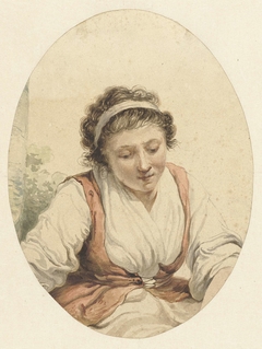 Vrouw met rood vest en wit lint in het haar
