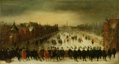 Wintergezicht op de Vijverberg te Den Haag met op de voorgrond prins Maurits en zijn gevolg (Hofvijver Den Haag)