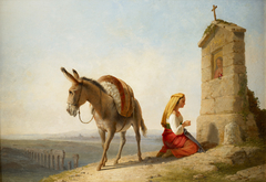 Woman and Donkey by a Roadside Shrine