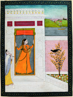 Woman awaits the arrival of her love; a crow caws from a bush by the door by Anonymous