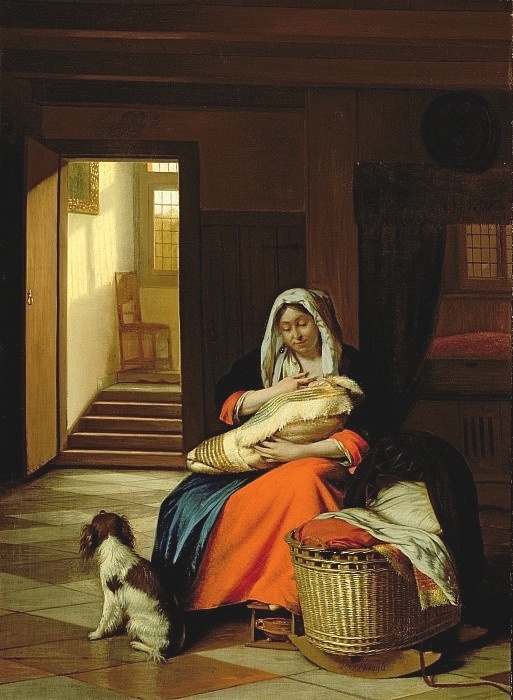 Woman Nursing By A Cradle With A Dog At Her Feet Pieter De Hooch Artwork On Useum