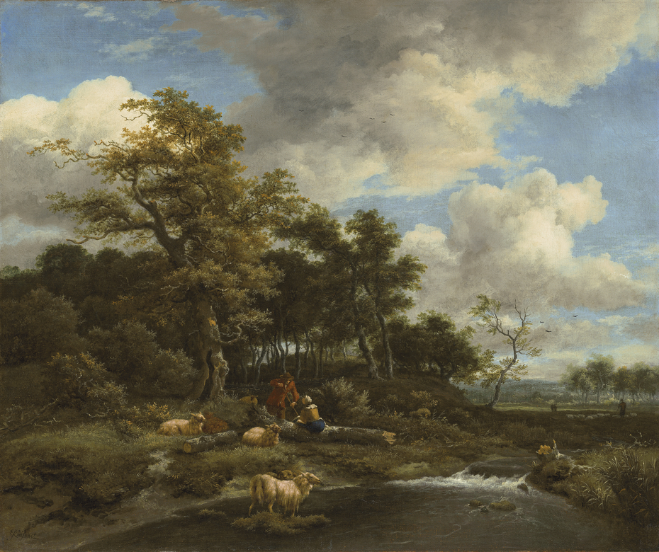 Wooded landscape with a stream, pool, shepherd and shepherdess