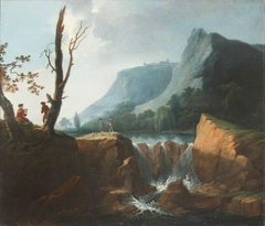 Wooded River Landscape with Elegant Figures by a Waterfall by George Mullins
