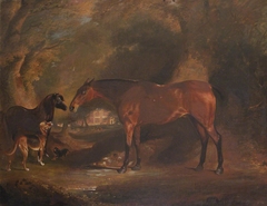 A Bay Horse, Pony, Bloodhound and Dachshund outside Felbrigg Hall, Norfolk by Anonymous