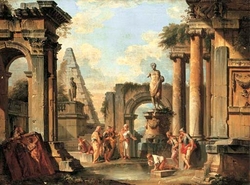 A capriccio of classical ruins with Diogenes throwing away his cup.