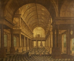 A Church Interior, looking East, with Figures by Anonymous