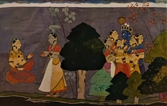 A confidante narrating to Radha Krishna's dalliance with gopies by Manaku