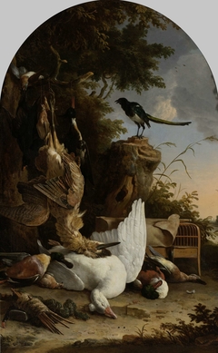 A Hunter’s Bag near a Tree Stump with a Magpie, Known as ‘The Contemplative Magpie’ by Melchior d'Hondecoeter