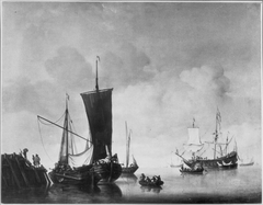 A kaag and a hoeker lying at the end of a pier; at the right a three-masted ship by Willem van de Velde the Younger