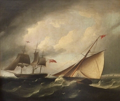 A Merchantman running before the Wind with a Frigate hove-to by Anonymous