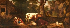 A Mother with Two Children, Two Cows, Sheep, and an Ass, in a Clearing outside a Cottage by Dirck van der Bergen