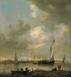 A River Estuary with "Smalschips" , Fishermen, and Cattle Watering by Jan van Goyen