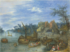 A river landscape with boats by a village.jpg by Joseph van Bredael