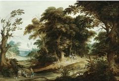 A Wooded Landscape With A Poultry-Seller, Travellers And Dogs On A Path Beyond