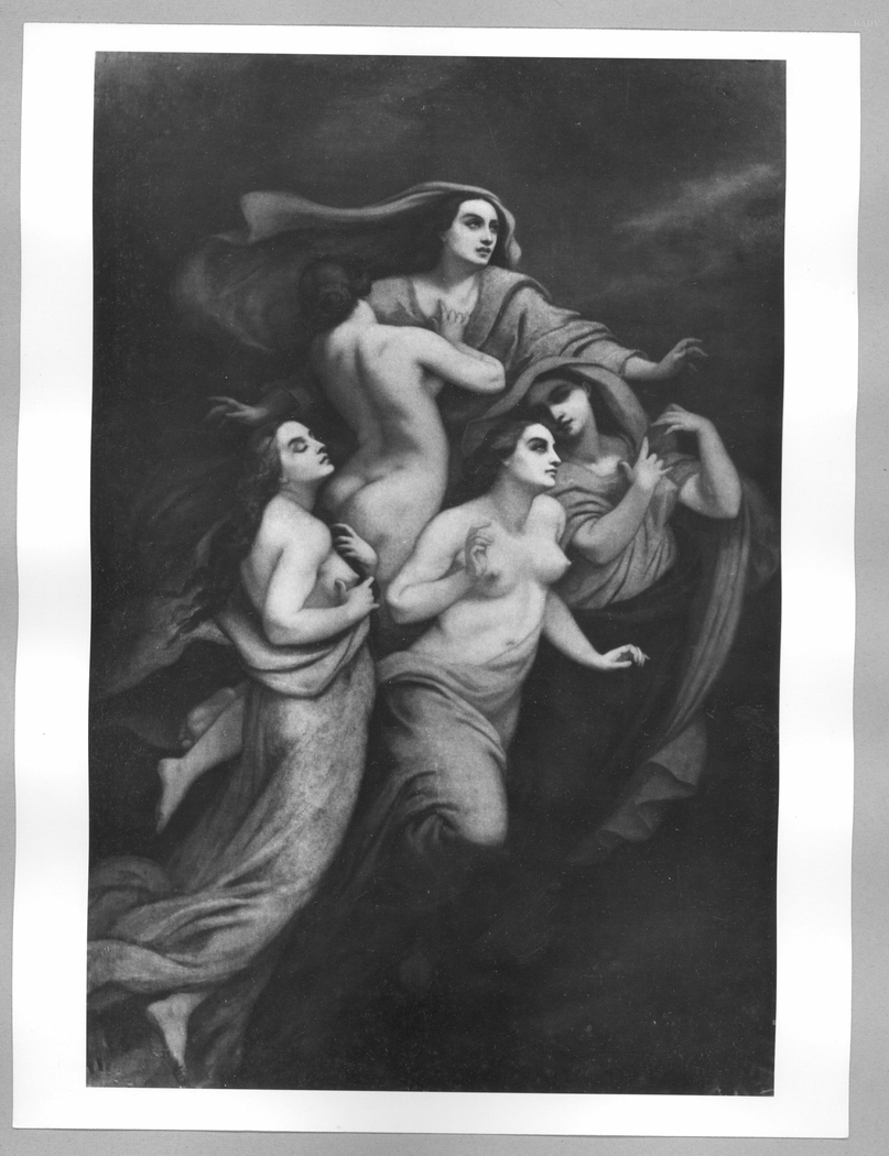 Allegorie auf die Weltausstellung 1855, fünf schwebende Gestalten