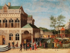 An elegant loggia with the Proposal of Isaac to Rebecca
