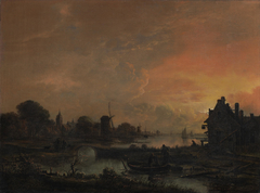 An evening landscape with fishermen in the foreground