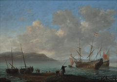 Bay with sailing ships by Reinier Nooms